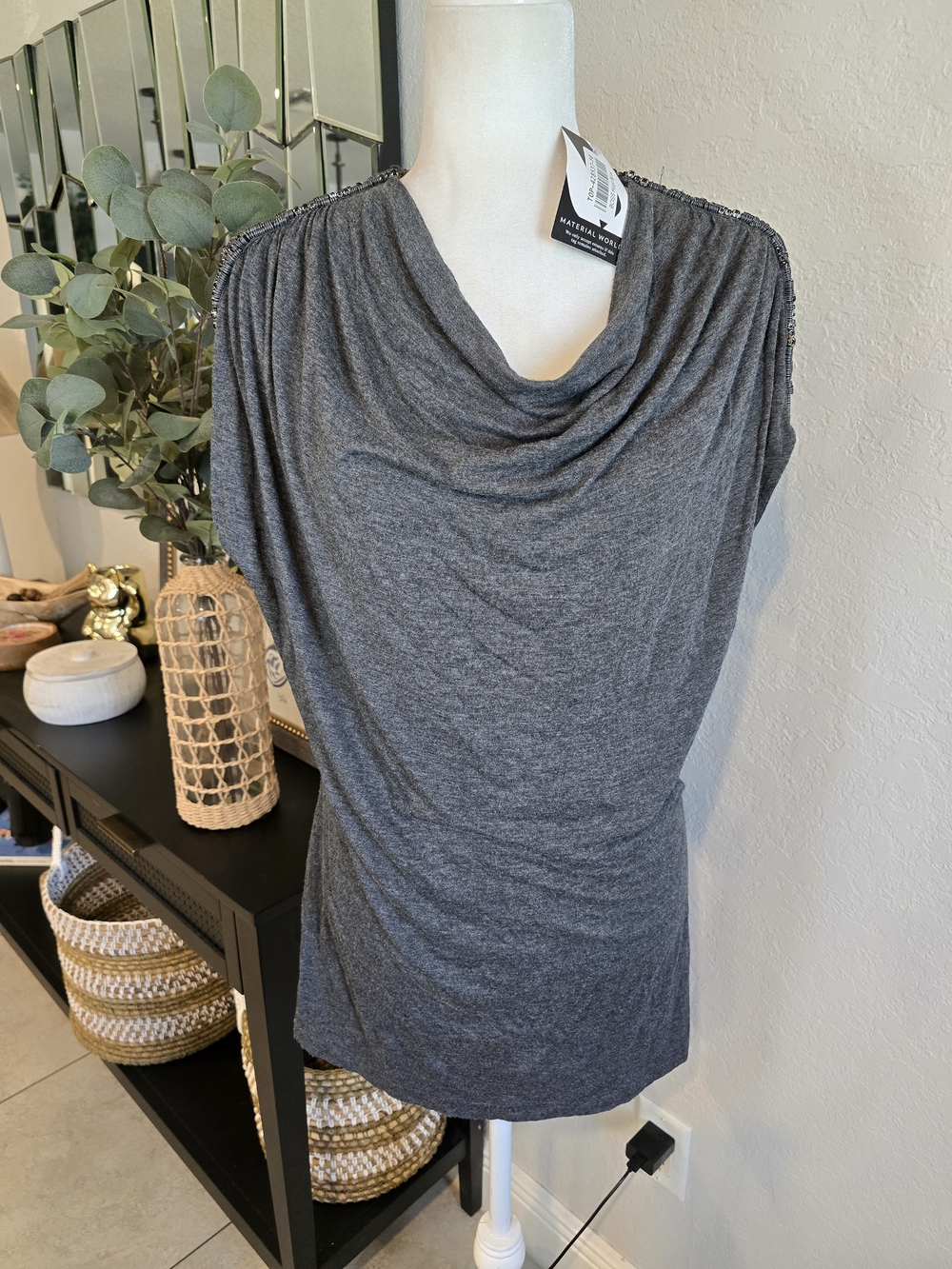 BOSS Hugo Boss Women’s Gray Cowl Neck Beaded Cap Sleeve Jersey Top XL